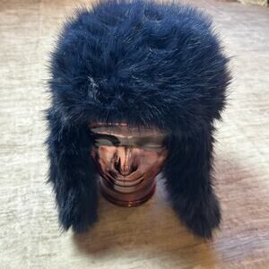 Trapper Hat Navy Blue Faux Fur Adjustable Clip for Long/Short Sides